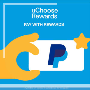 Pay with Rewards through PayPal. Hand holding PayPal card.